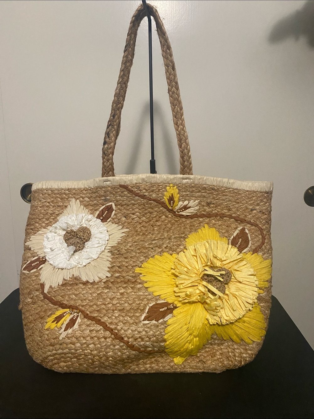 Chico’s Woven Straw Tote with Yellow & White Floral Detail